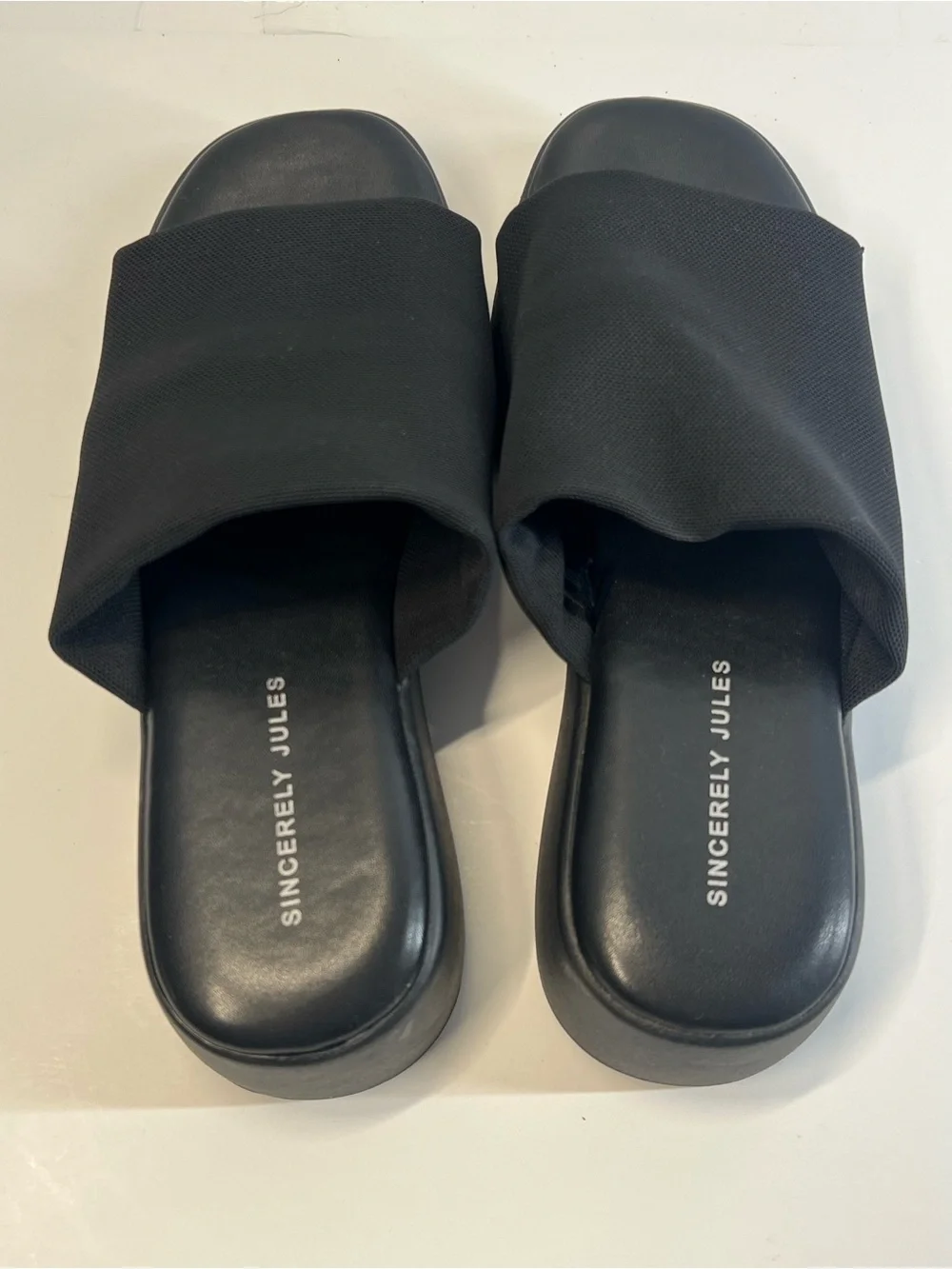 Sincerely Jules Black Platform Wedge Slide Sandals Stretch Fabric